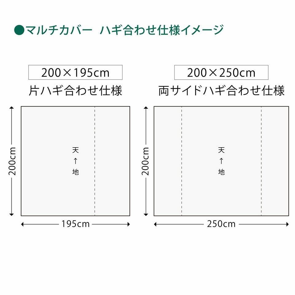 200cm×195cmは片ハギ合わせ仕様、200cm×250cmは両サイドハギ合わせ仕様となります