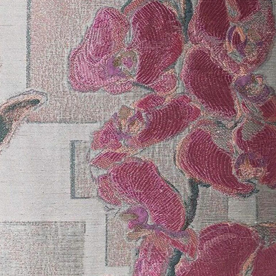 胡蝶蘭の花と幾何学模様とのモダンな構成柄、緯糸を刺繍のように織り込み、蘭の花の持つ気品と高級感を表現しました