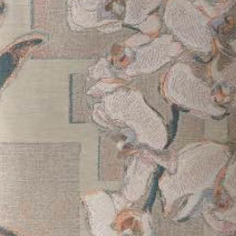 胡蝶蘭の花と幾何学模様とのモダンな構成柄、緯糸を刺繍のように織り込み、蘭の花の持つ気品と高級感を表現しました