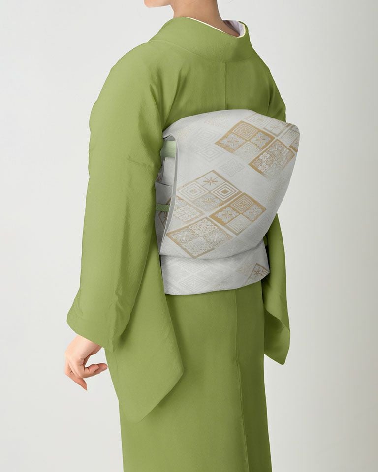 袋帯 リサイクル着物】袋帯 若草色 宝相華 紗綾形 本家加納 振袖用 432cm