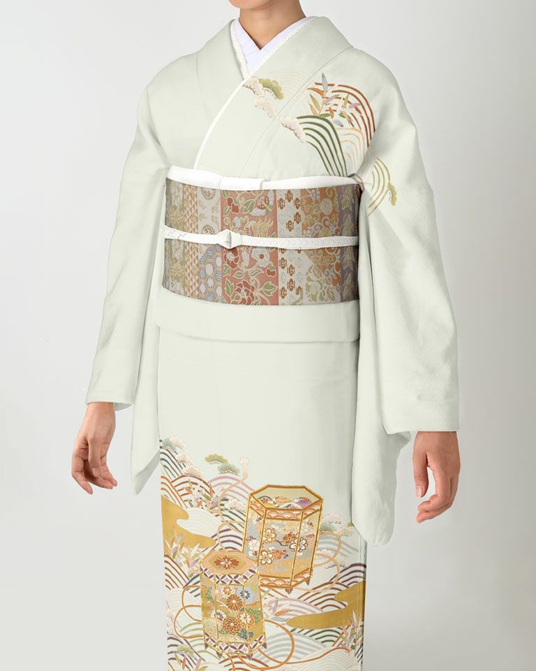 袋帯　アップリケ 銀座【L-8396】袋帯 明るい深川鼠色 松皮菱に花文 - 銀座きもの青木