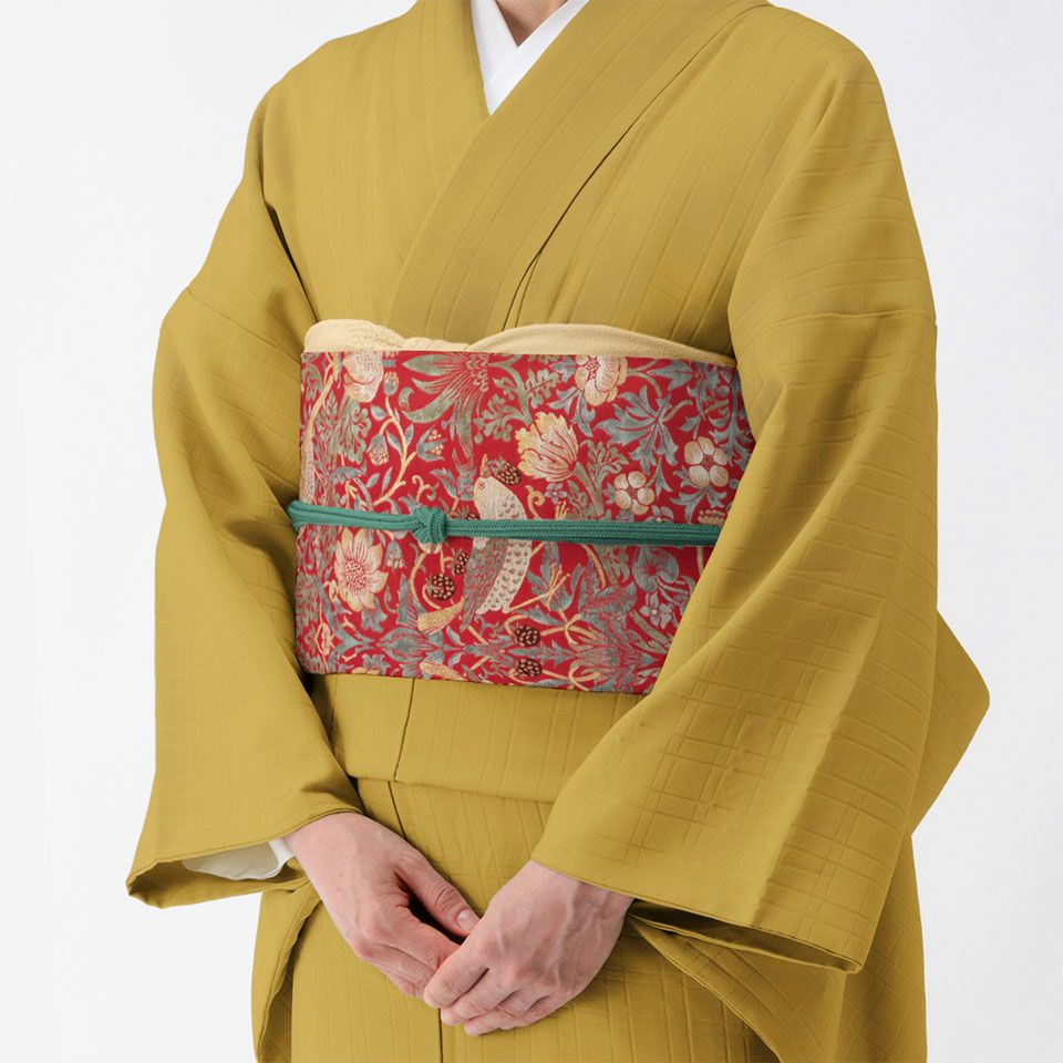 作り帯　三部式　名古屋帯　リバーシブル　ウィリアムモリス　いちご泥棒×アラベスク 川島織物製 ウィリアム・モリス「いちご泥棒」 九寸名古屋帯 - 青山ゑり華