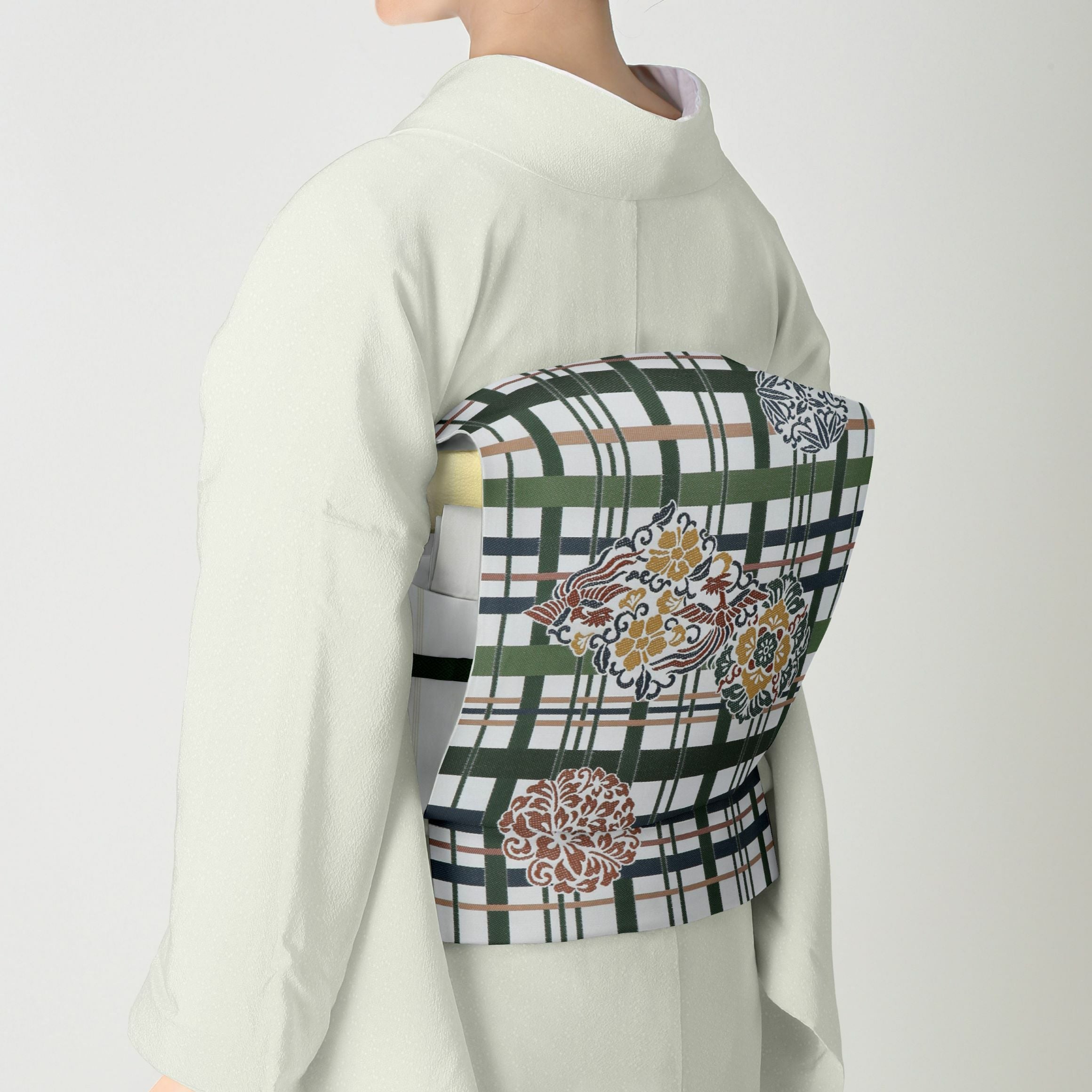 受注生産品】Yulia to Kawashima 名古屋帯 彩華格子文(淡白茶×濃緑格子