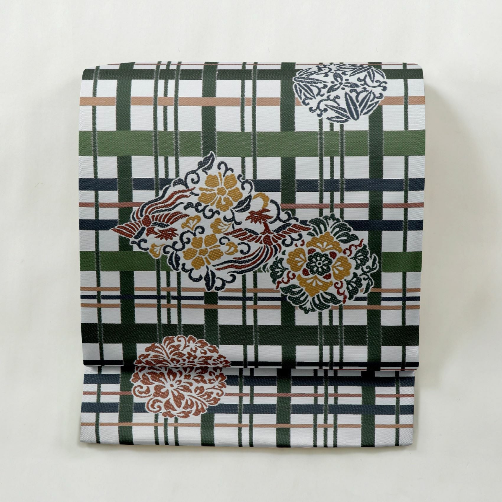 受注生産品】Yulia to Kawashima 名古屋帯 彩華格子文(淡白茶×濃緑格子