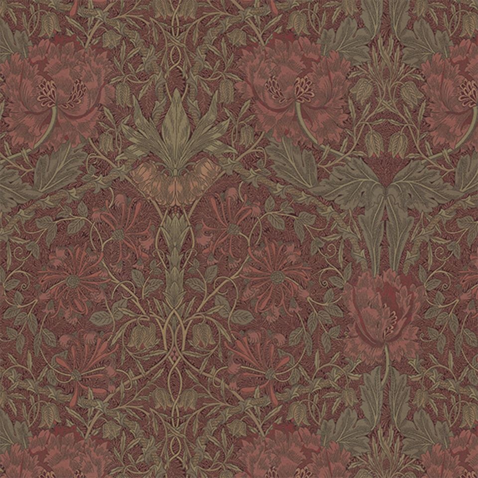 生地画像／地紋に渦巻く葉の上にチューリップとスイカズラを配したモリス独特の構成です