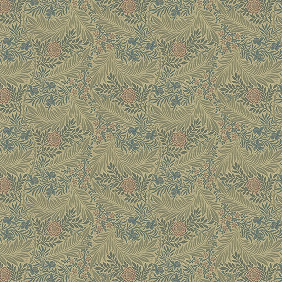 生地画像／ライトグリーン系のベースに、丸みのある赤い花とブルーの小花がアクセントになっています