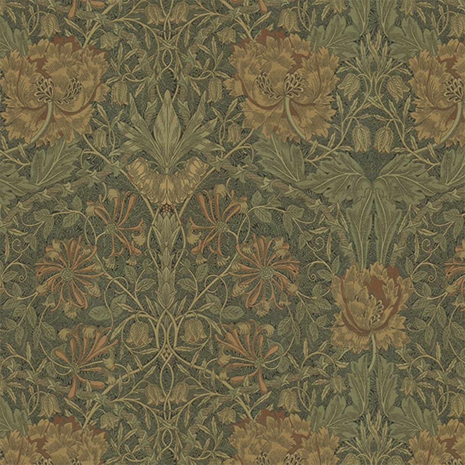 生地画像／地紋に渦巻く葉の上にチューリップとスイカズラを配したモリス独特の構成です