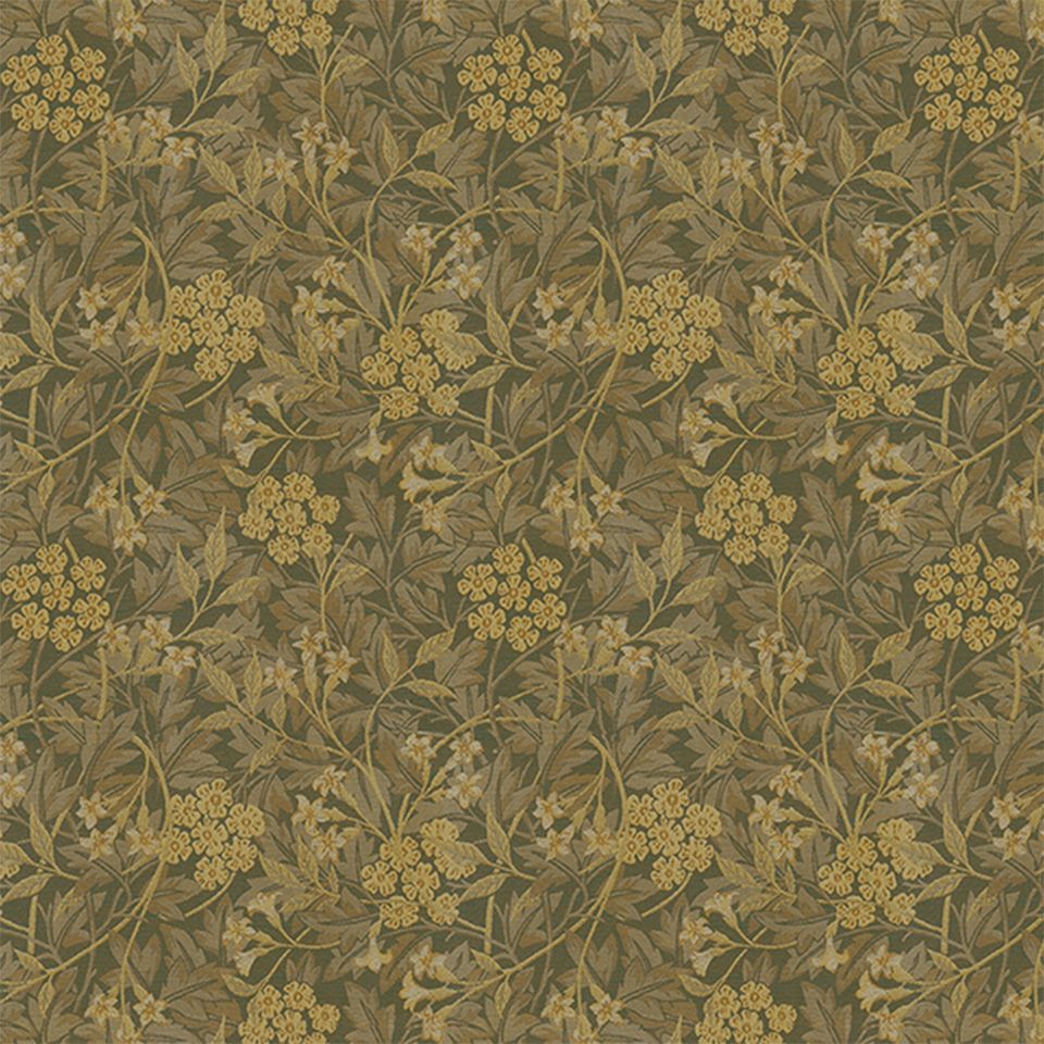 生地画像／植物の葉のシルエットを繊細なラインで描いた上にジャスミンを重ねることで、二種類の植物の重なりが奥行きを感じさせるデザインです