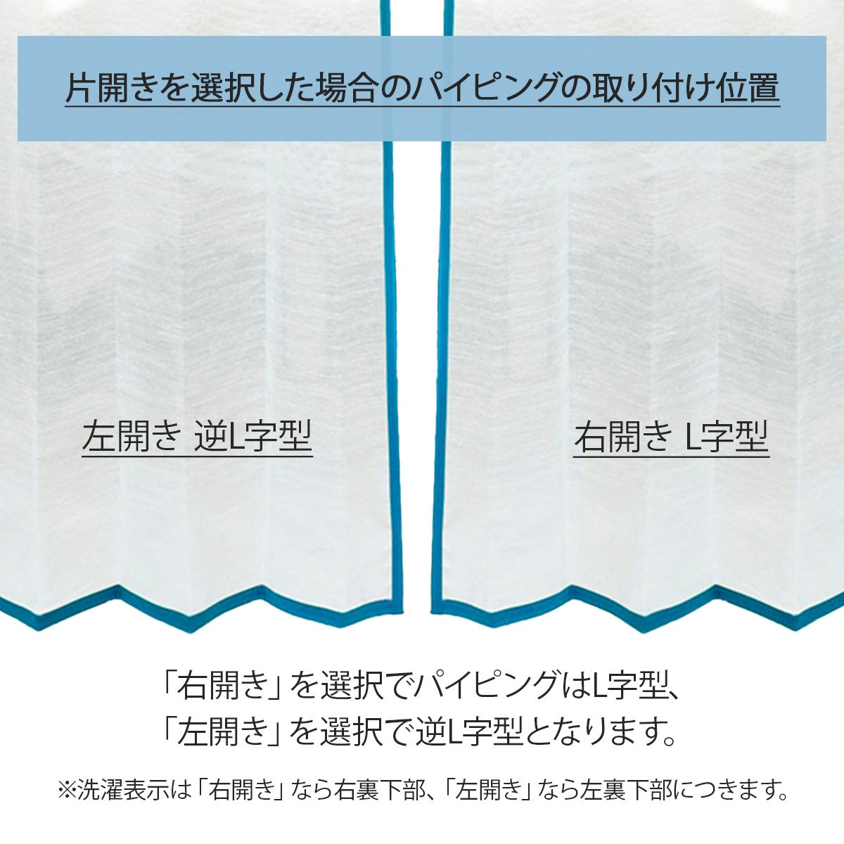 片開きを選択した場合のパイピングの取り付け位置は、L字型もしくは逆L字型のいずれかになります